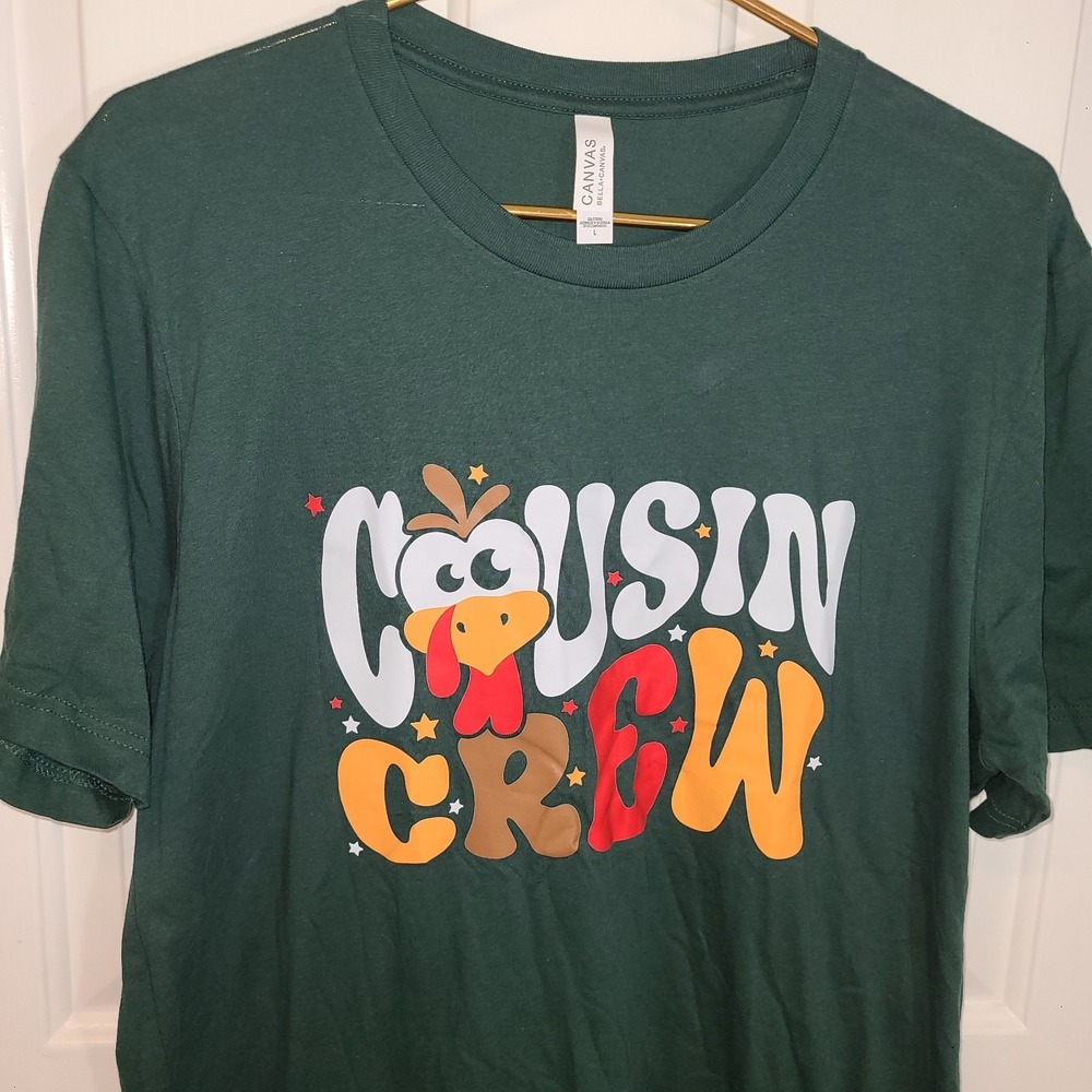 NWOT Thanksgiving Cousin Crew Turkey Team Squad Matching Unisex T-Shirt Lg Green